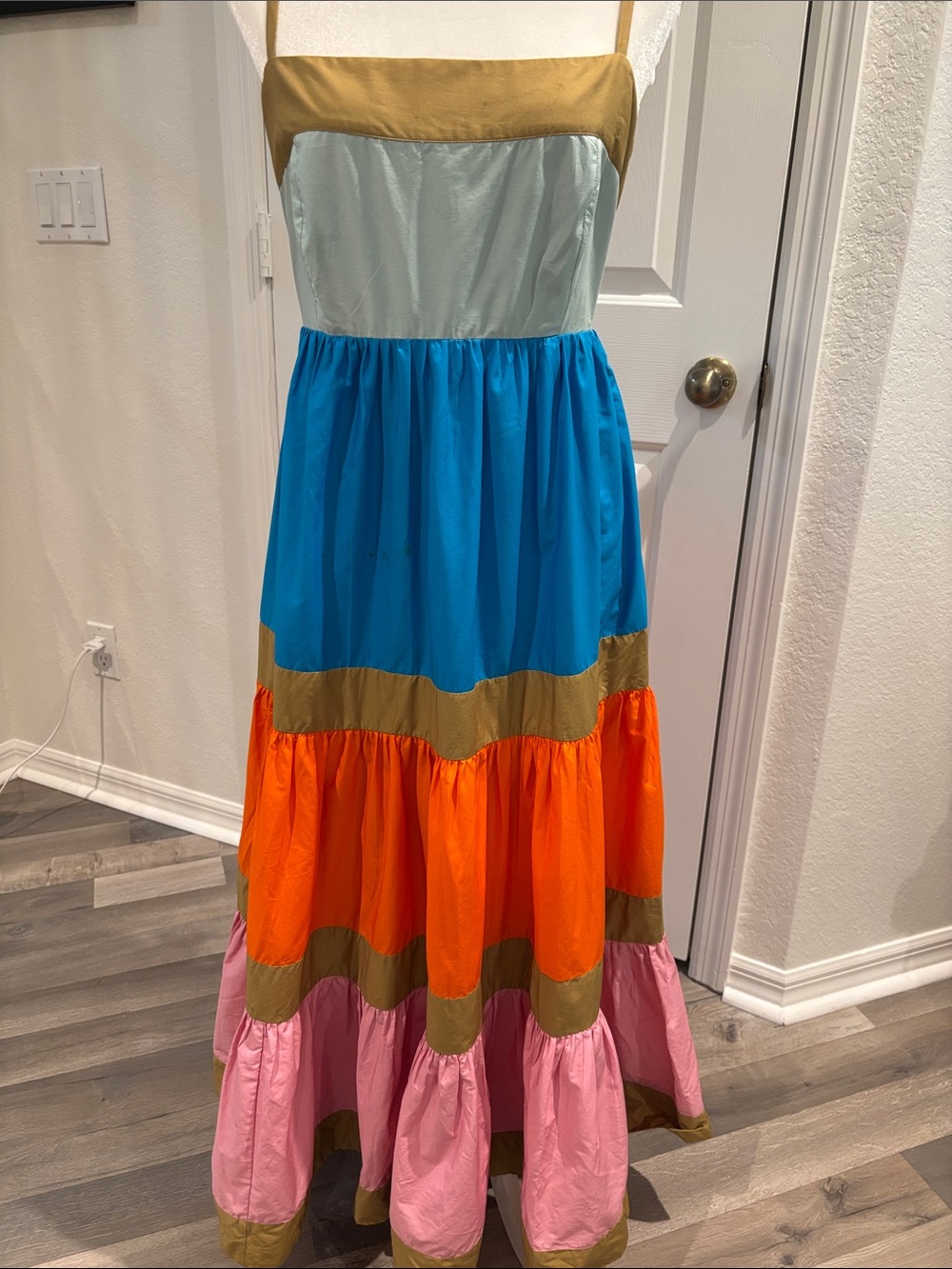 J. Crew Colorblock Tiered Maxi Dress in Pink, Orange, Blue & Gold